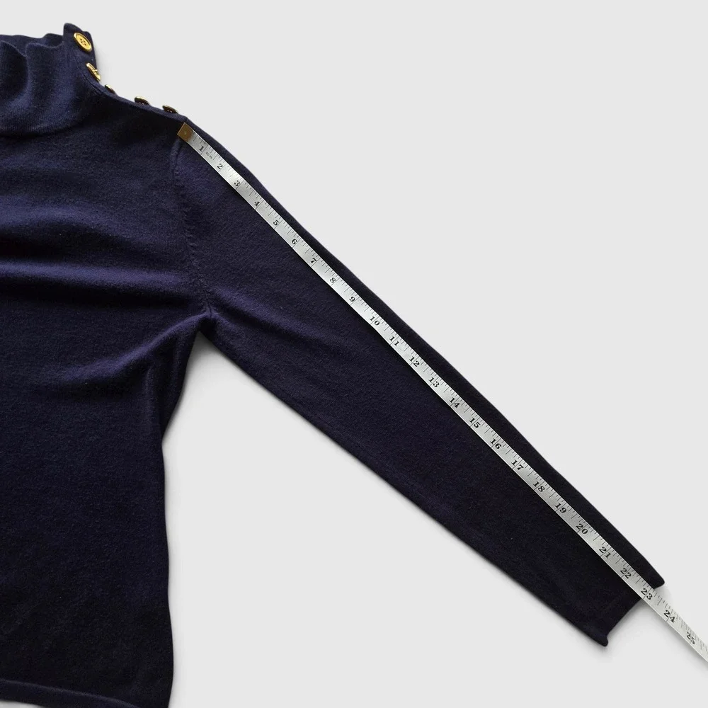 Cielo Navy Blue Turtleneck Sweater Gold Button Detail Soft Knit Womens S Preppy